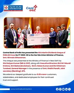 Central Bank of India Honors Finance Minister with ₹484.82 Crore Interim Dividend Cheque | Populer Platform