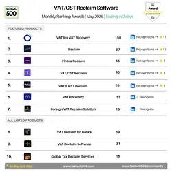 Top 5 VAT/GST Reclaim Ranking Achieved in May 2026 by taxtech500 | Populer Platform